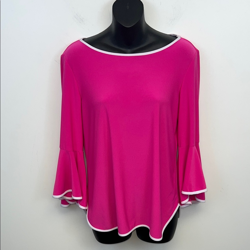 Coco Bianco Women's Bright Pink Blouse White Trim & Trumpet Flowy Sleeves Size M